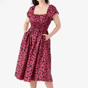 Kate Spade Pink and Black Smocked Tiered Midi Dress